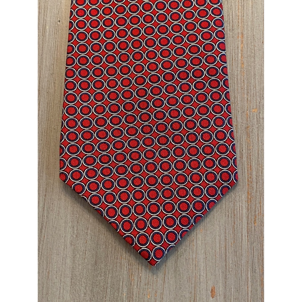 Lauren Ralph Lauren Mens Red Navy Blue Geometric Circle Silk Necktie Made in USA